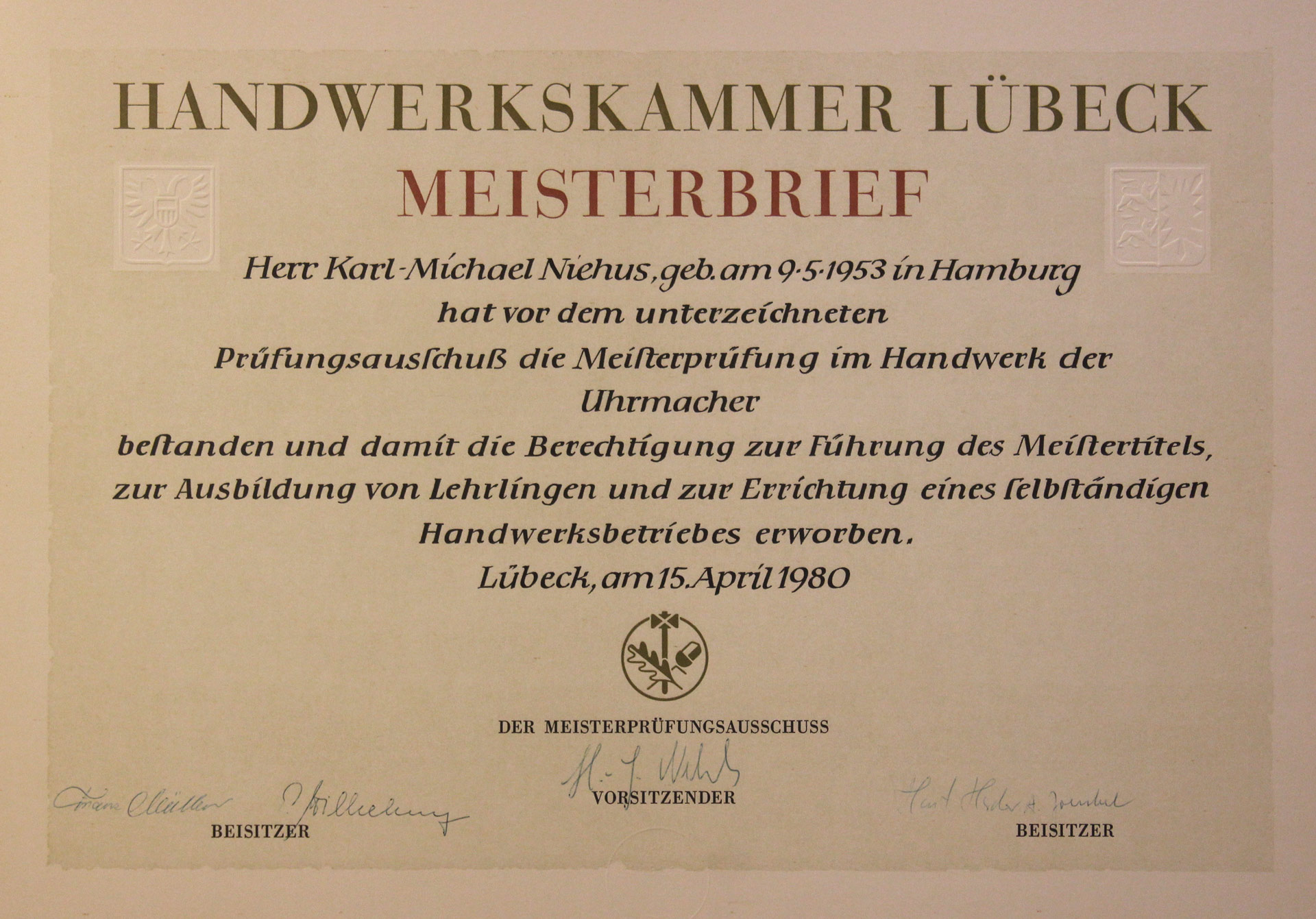 Meisterbrief von Karl-Michael Niehus Uhrenmacher